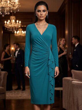 NWT Black Label by Evan Picone Size 8 Teal Dress Jersey Knit Faux Wrap Teal